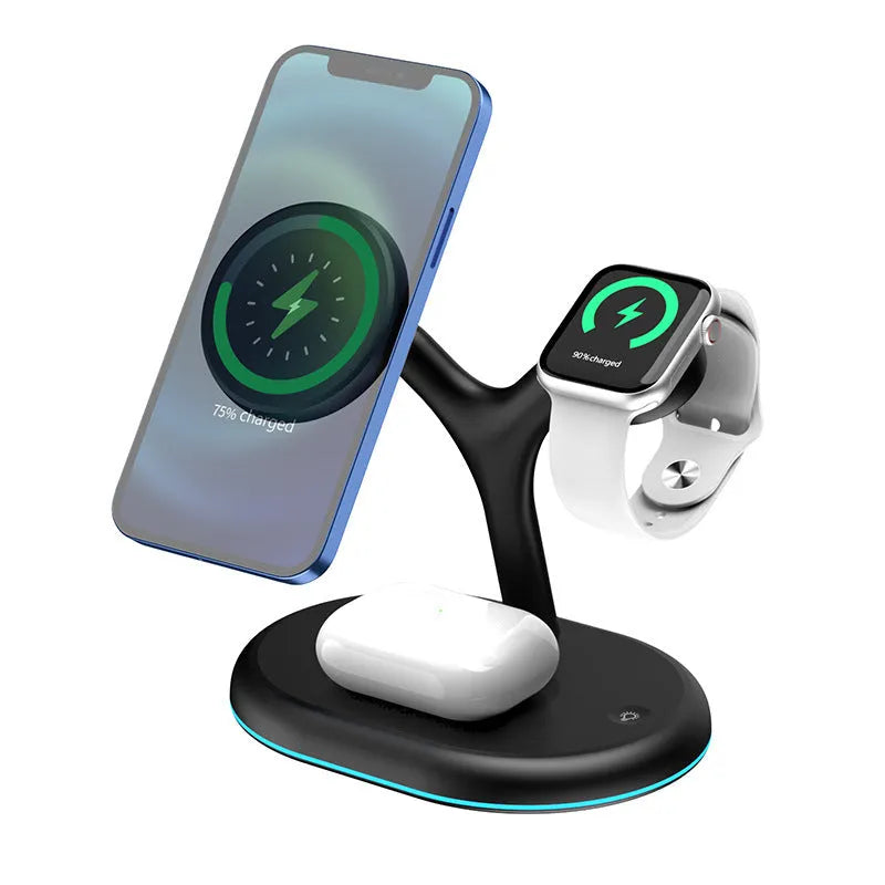 Black magnetic wireless charging station with vertical phone stand and USB-C cable