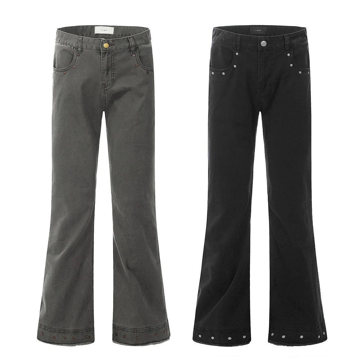 American retro straight-leg cotton jeans in black or gray green with mid-waist fit and horn leg opening