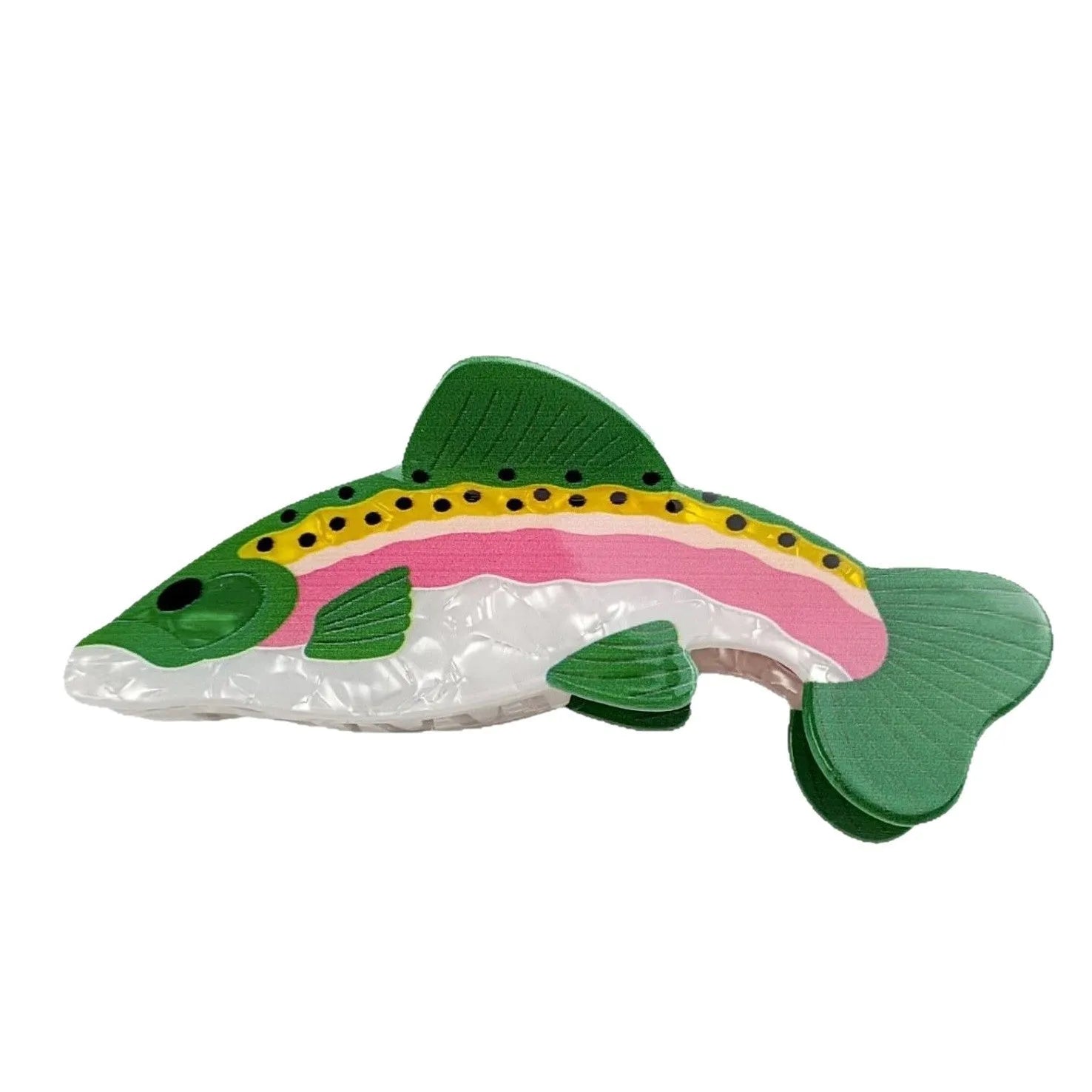 Dark green PVC hair clip with rainbow trout design and carp decorative elements