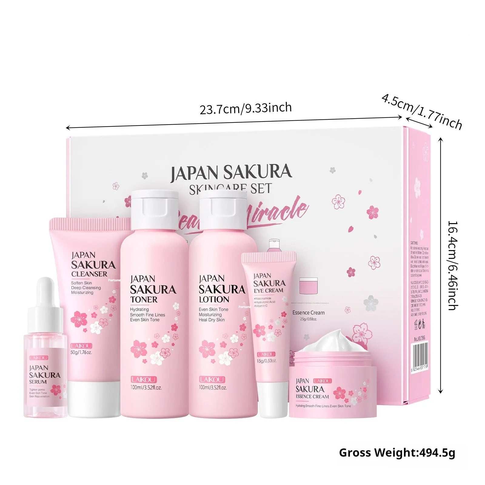 Cherry Blossom 6-piece skincare set with cleanser, toner, cream, serum, and eye cream.
