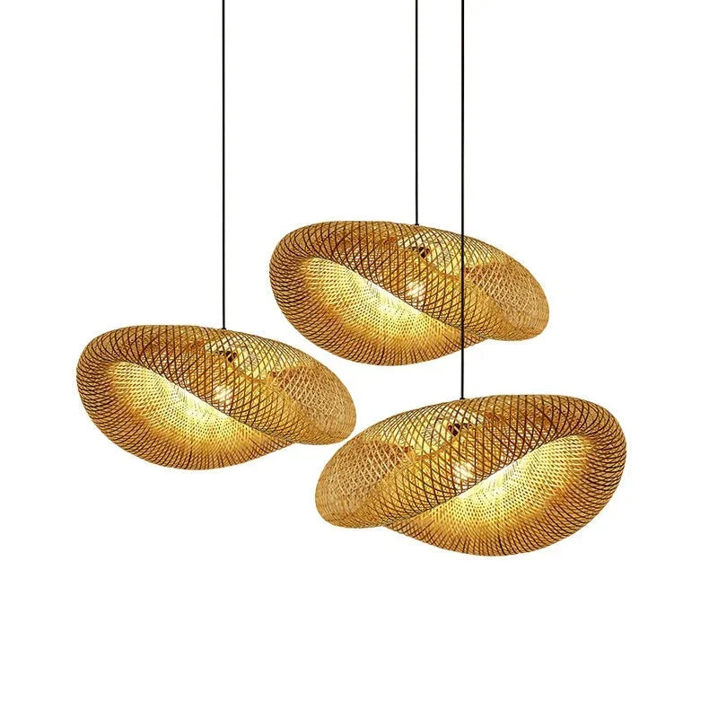 Straw hat-shaped bamboo rattan hanging lamp with woven texture, shown as a pendant ceiling light.