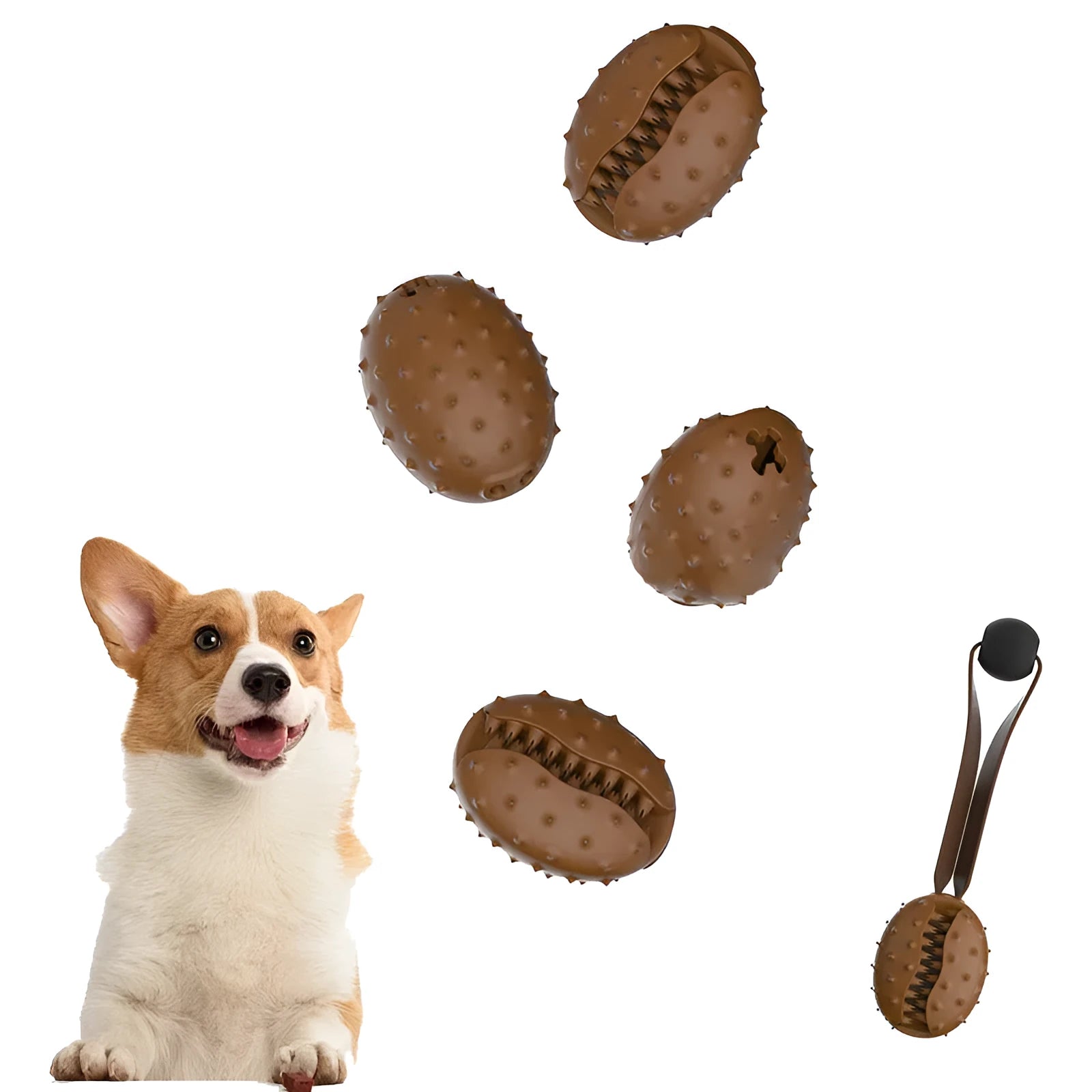 Coffee brown coffee bean-shaped TPR rubber dog chew toy with visible rope knot interior.