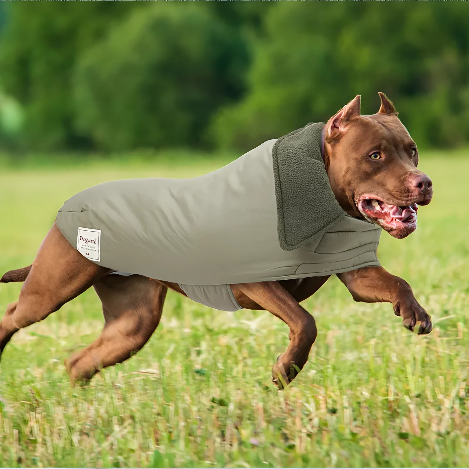 Dog wearing a solid colour cotton-padded turtleneck vest for cold weather.