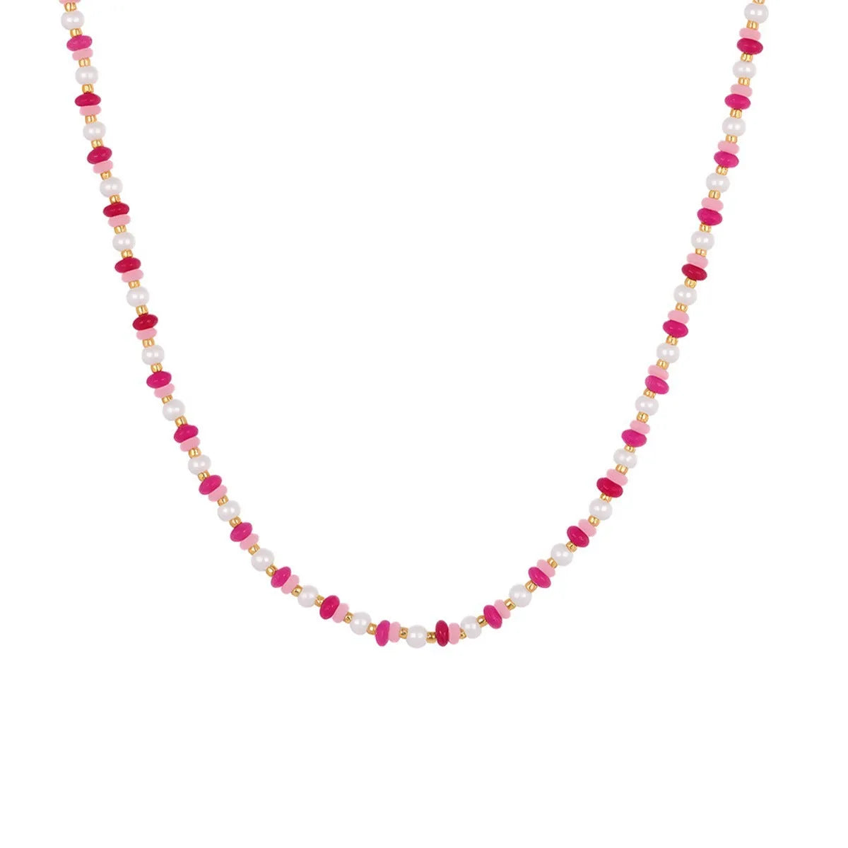 Sweet resin beaded necklace with geometric 18K stainless steel pendant, pink beads, and regular chain on light background