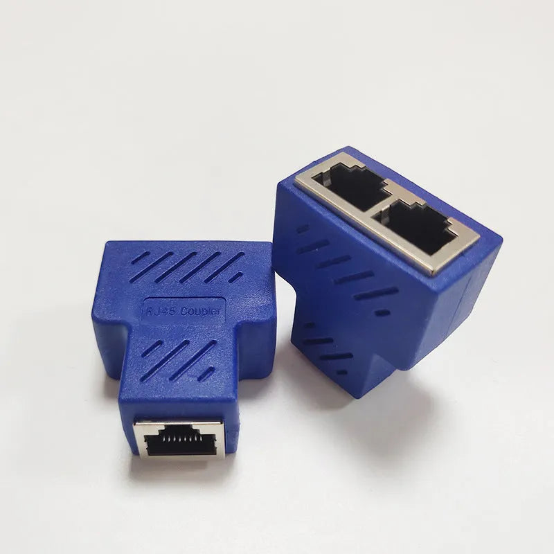 RJ45 network tee splitter adapter in multiple colours, showing one input and two output ports.