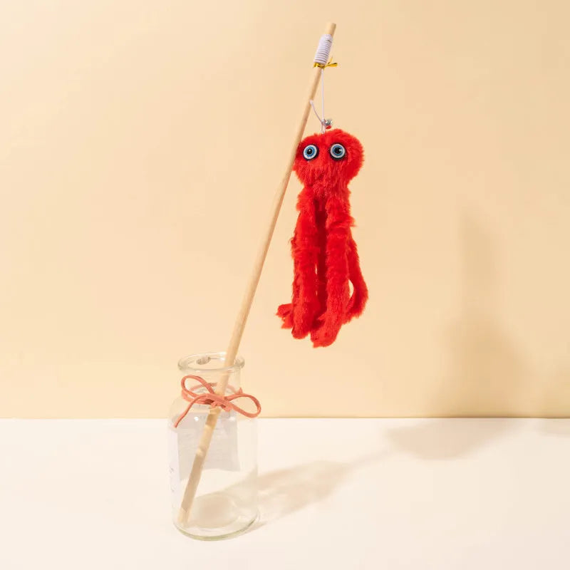 Octopus-themed cat toy with long stick in bright colours for indoor kitten play