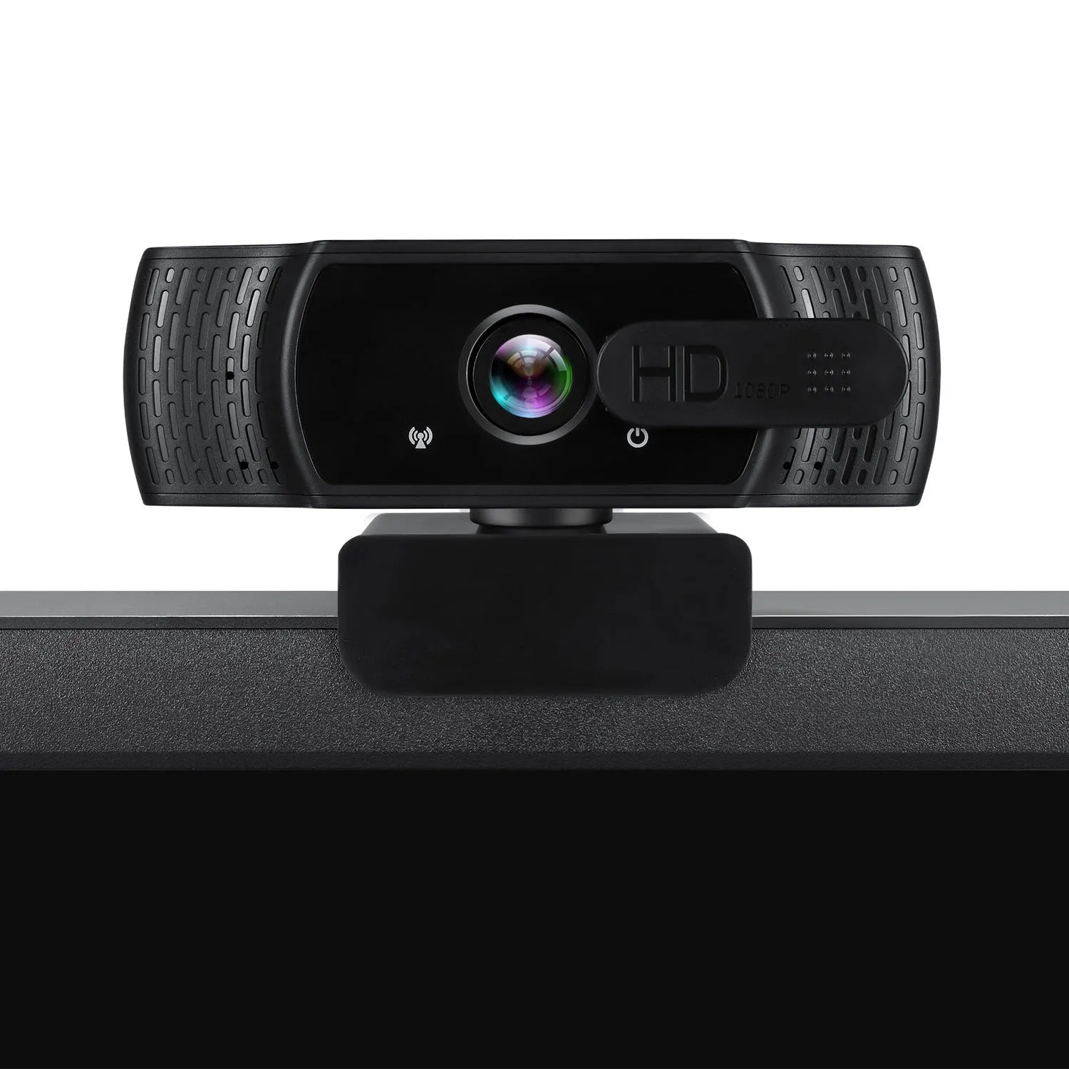 Black USB webcam with built-in microphone mounted on a laptop screen
