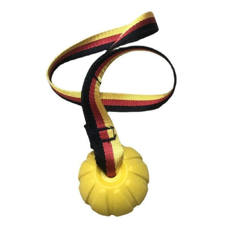 Camouflage and yellow floating pet tetherballs in three diameter sizes for water play