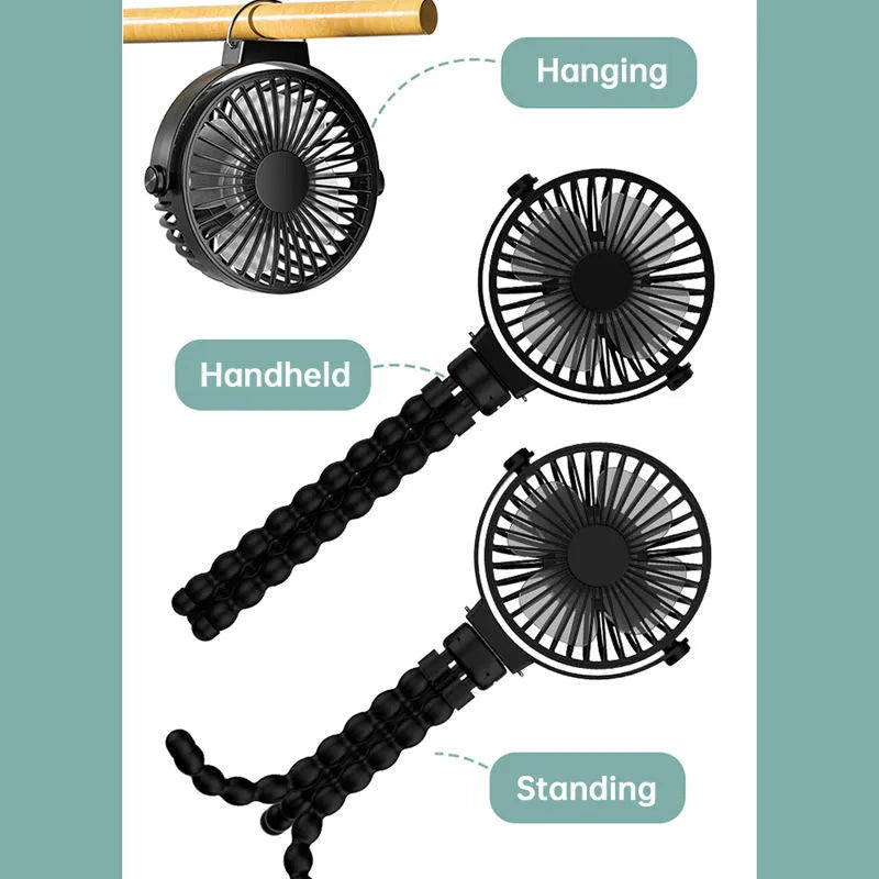 Black flexible octopus tripod clip-on fan with 3 blades and a 2000mAh battery pack.