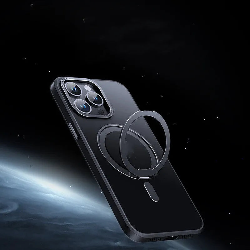 Transparent magnetic protective phone case for iPhone, shown in black, grey, purple and clear colours.
