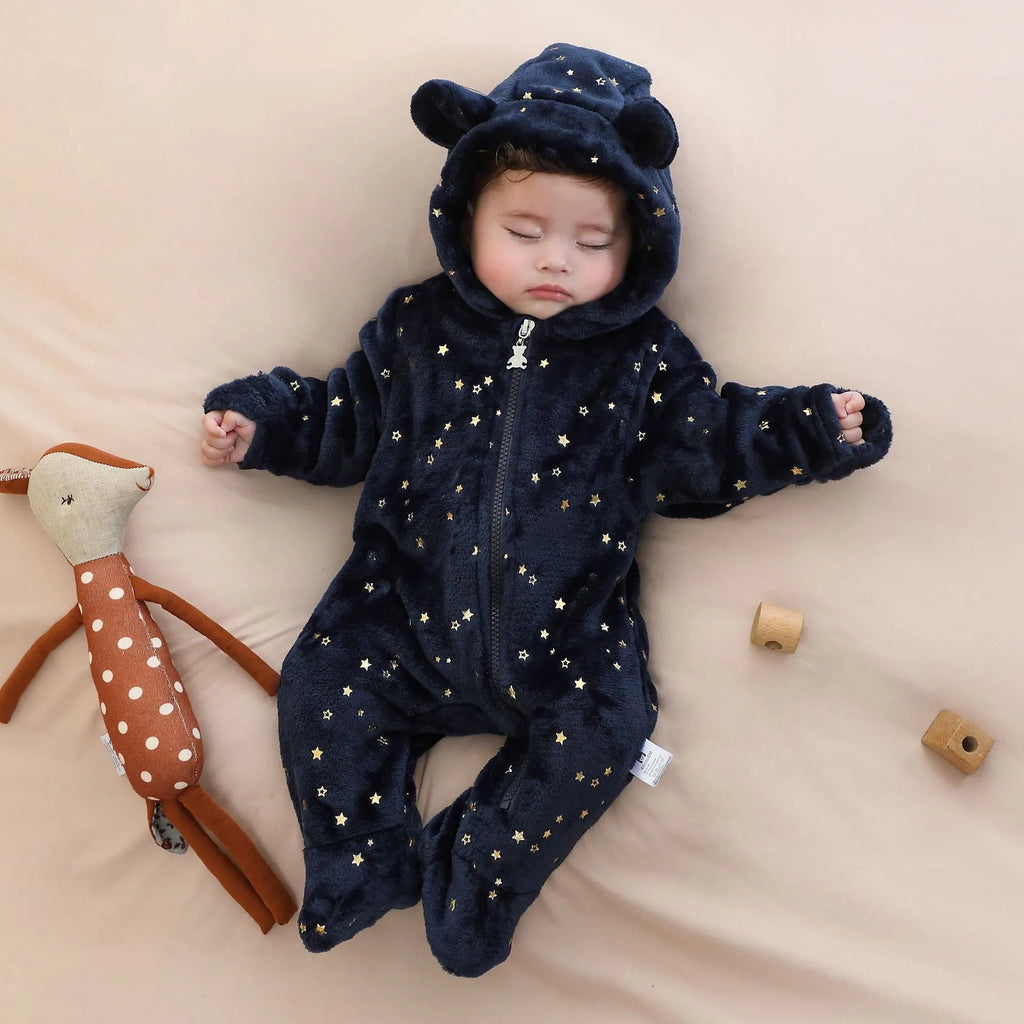 Fleece-lined flannel baby jumpsuit in dark blue, suitable for 50-80cm height