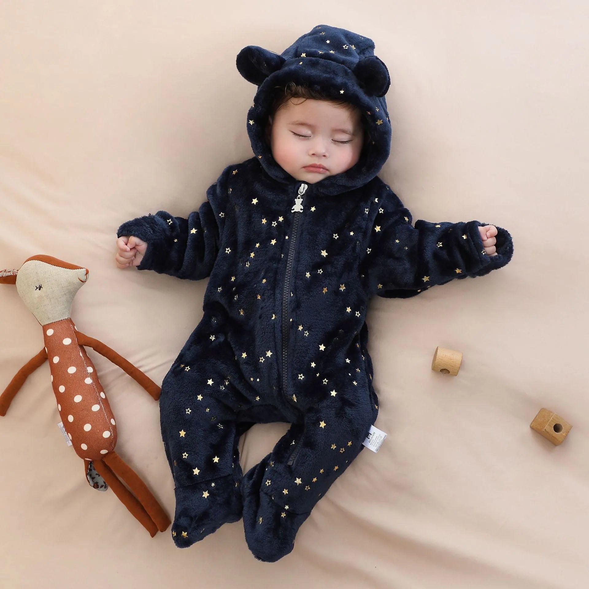 Fleece-lined flannel baby jumpsuit in dark blue, suitable for 50-80cm height