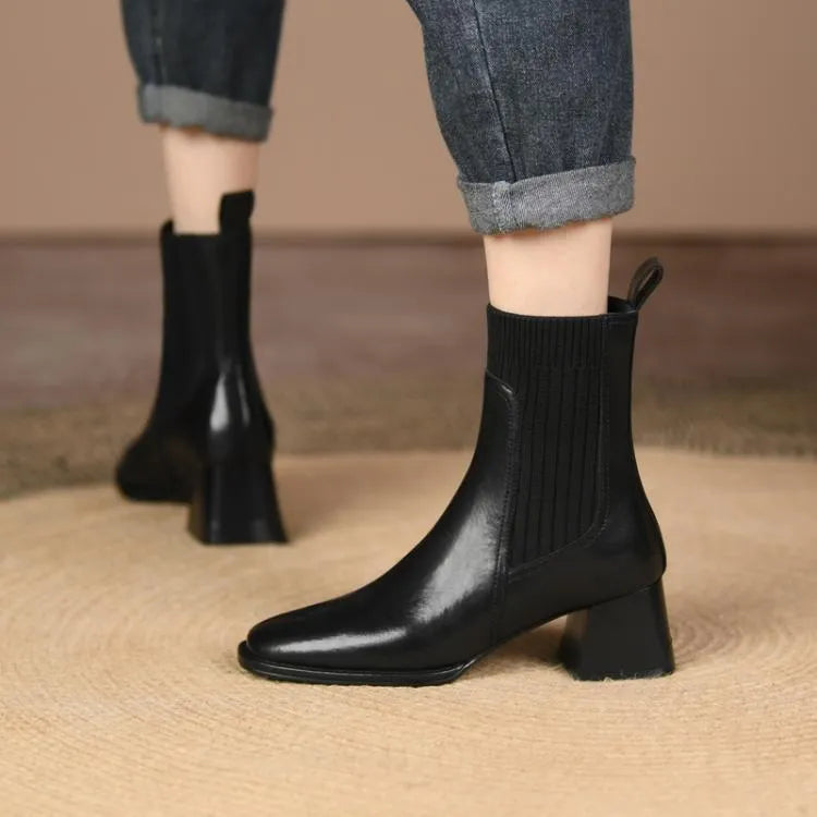 Women's square toe vintage French chunky heel knitted stretch ankle boots in brown with artificial PU upper