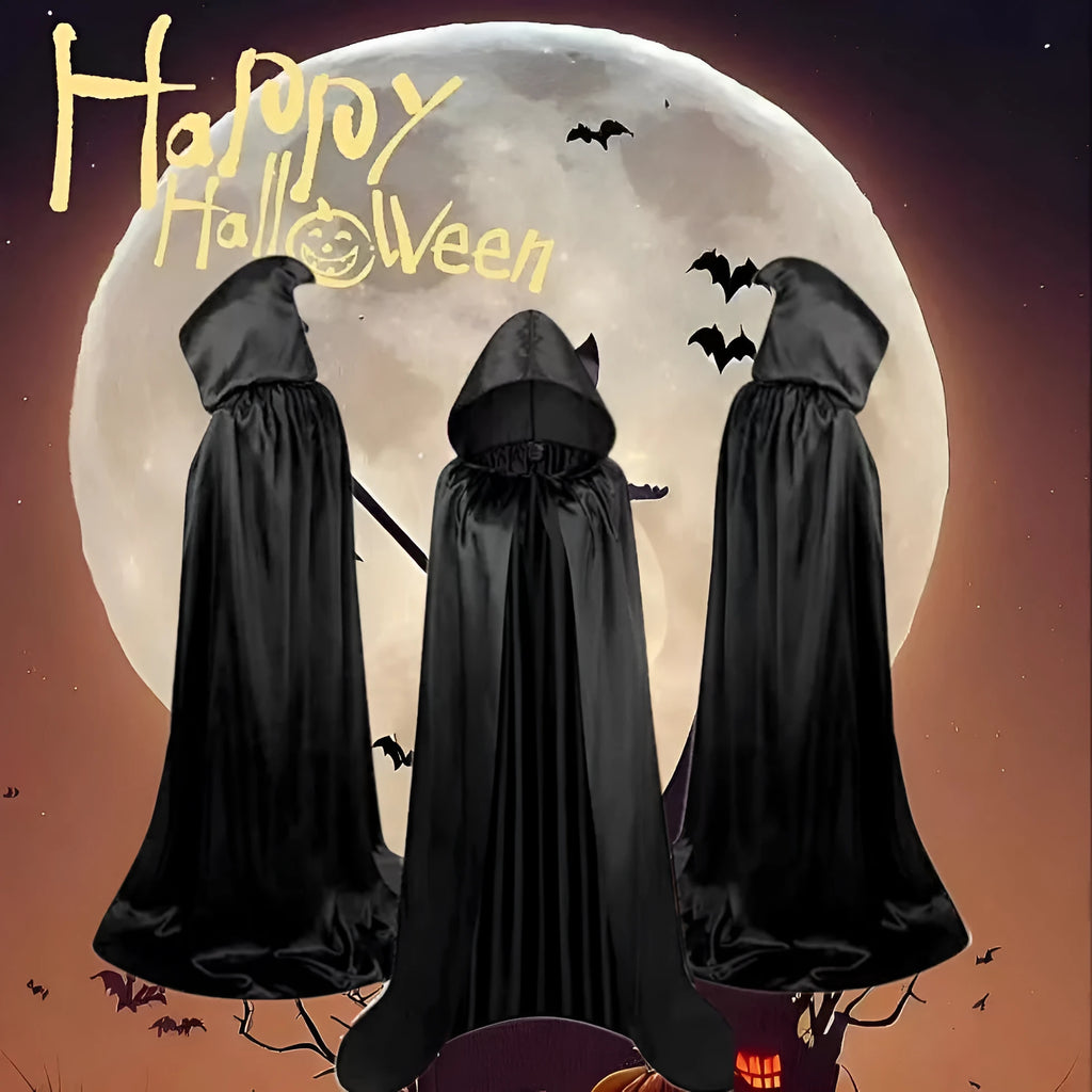 Children's black satin hooded cloak costume with gold and purple colour options