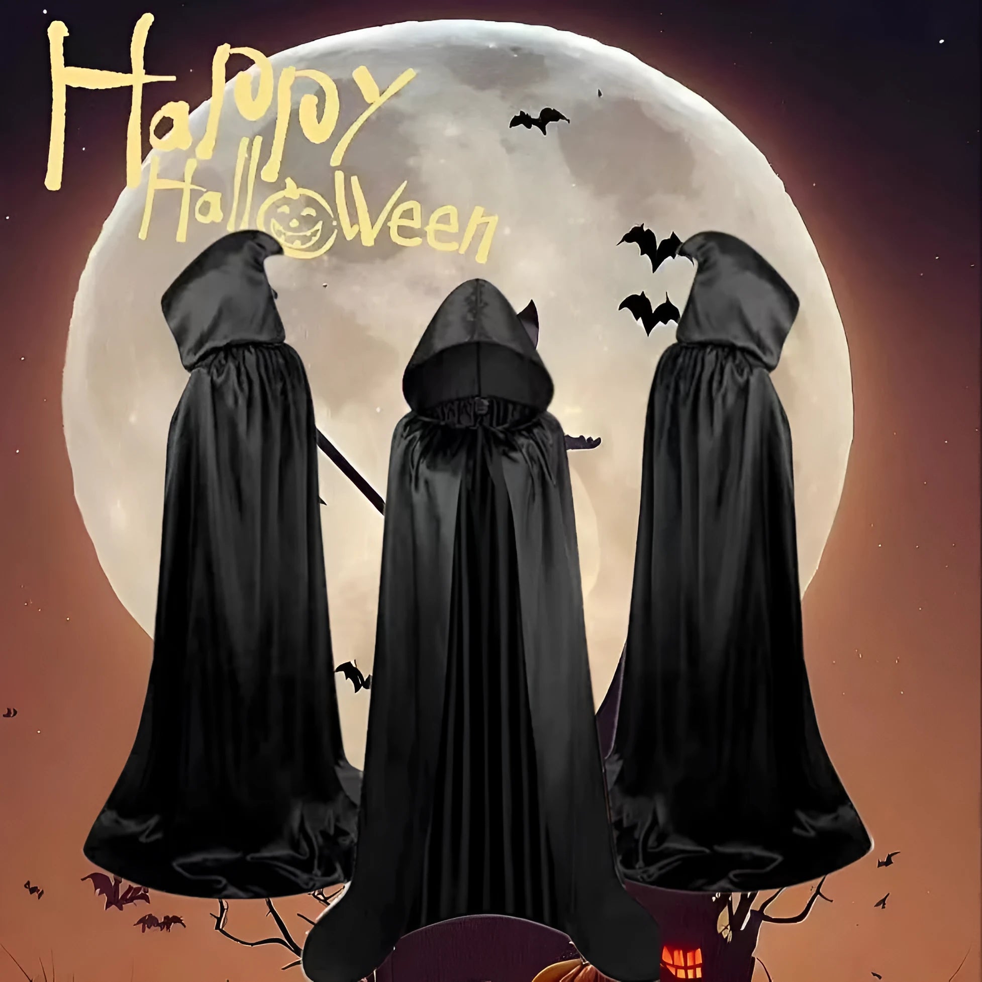 Children's black satin hooded cloak costume with gold and purple colour options