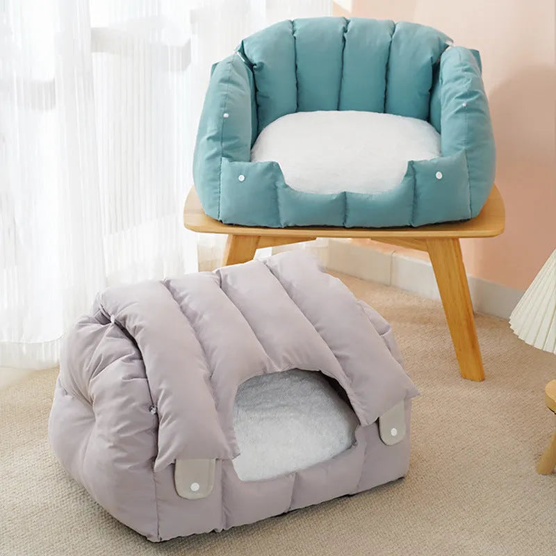 Grey arched cat nest with fully enclosed design for cats and dogs