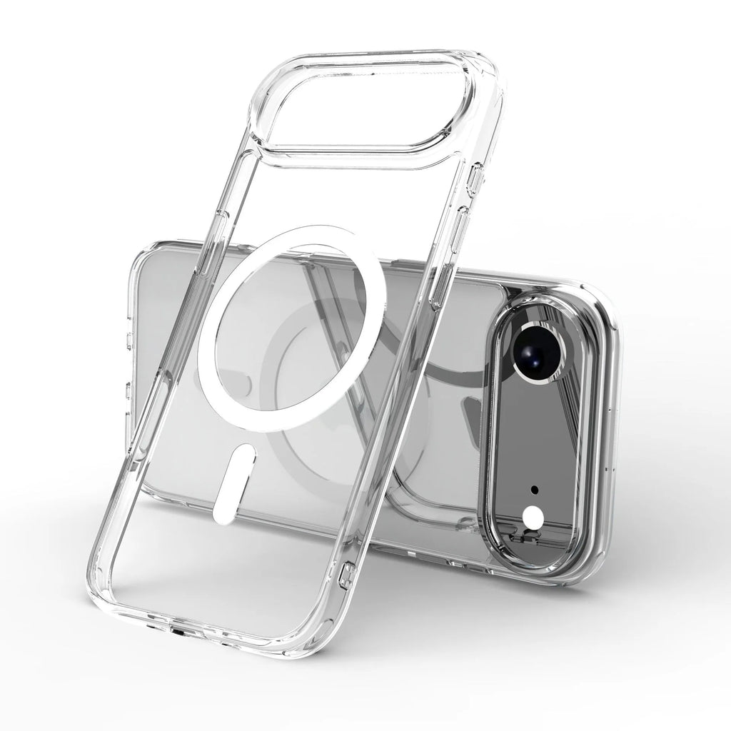 Transparent magnetic phone case for iPhone 17 series showing TPU composite construction and magnetic attachment points