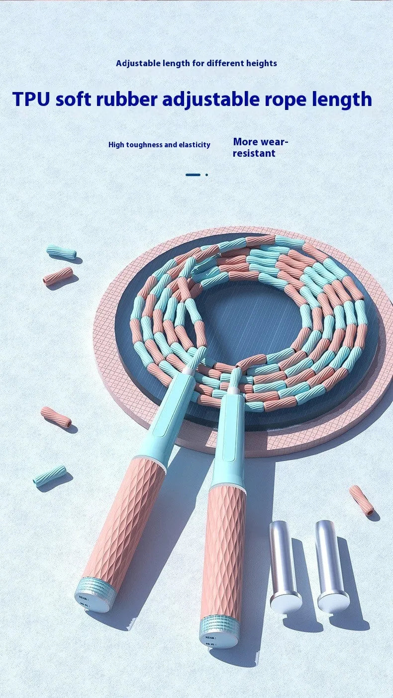 Children's bamboo bead skipping rope in blue with soft non-knotted design