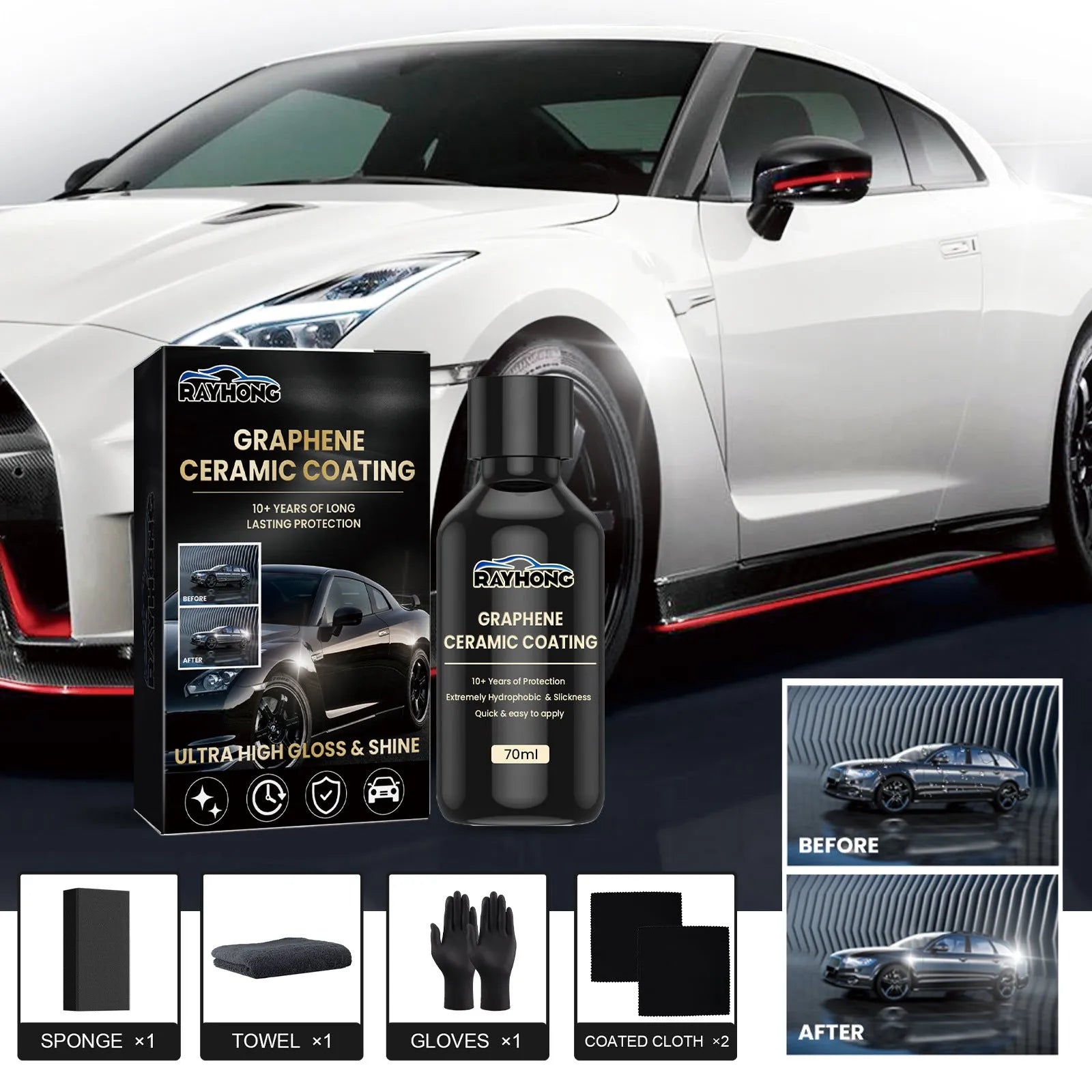 70ml bottle of graphene ceramic coating liquid with sponge, towel, gloves, and cloths for car paint protection.