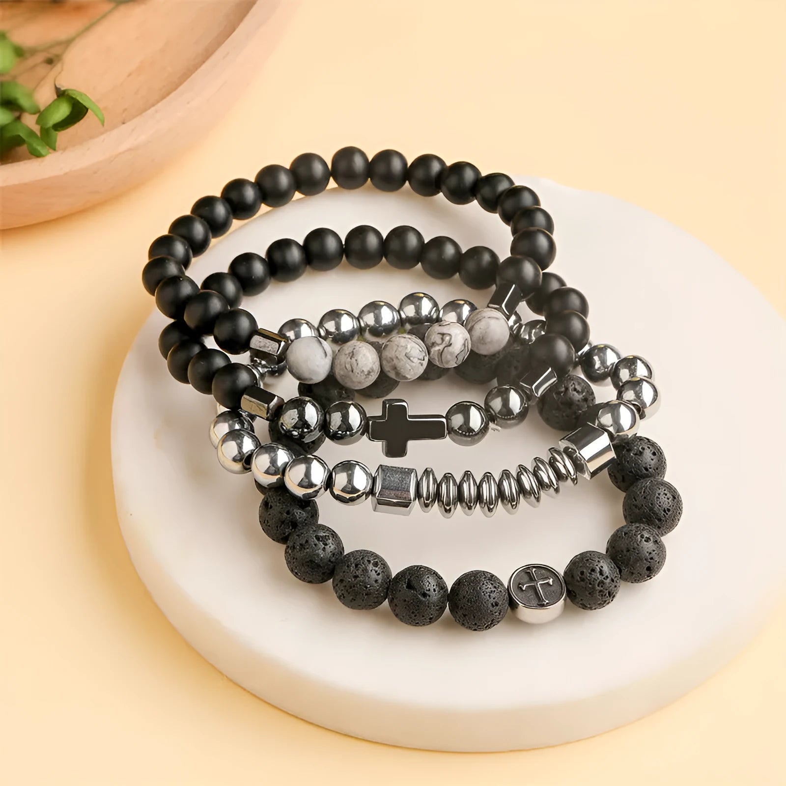 Men's volcanic rock agate bracelet with stainless steel finish showing 10mm diameter beads in volcano colour