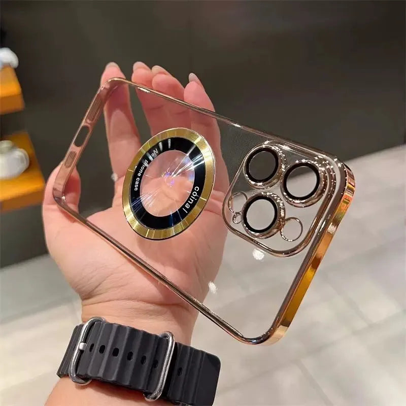Magnetic hard shell iPhone case with lens protector in dark purple, PC material, all-inclusive design for iPhone 12 to 15 Pro Max.