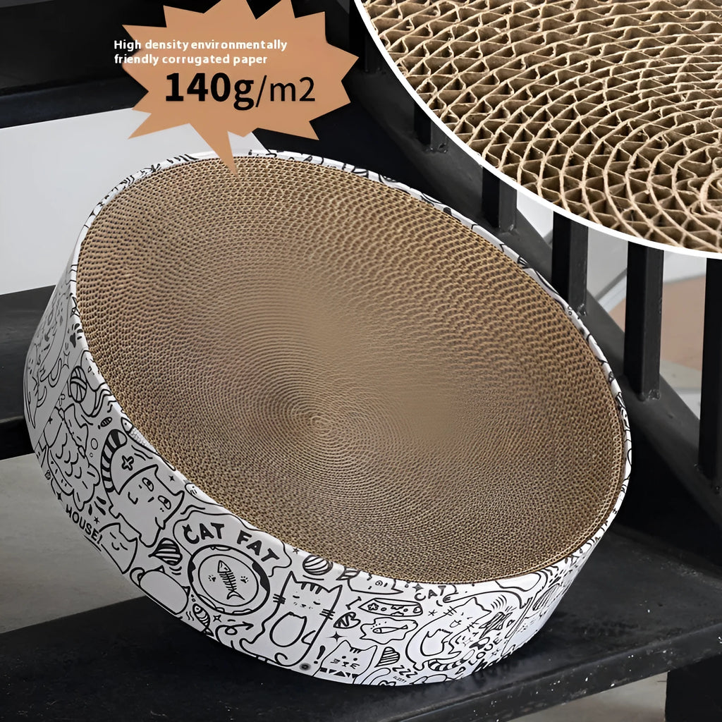 Extra large round cat scratching board in white corrugated paper measuring 42x42x10cm