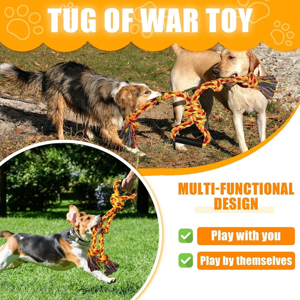 Blue and yellow durable cotton dog rope toy with ergonomic handle for large breed chewing and tug-of-war games.