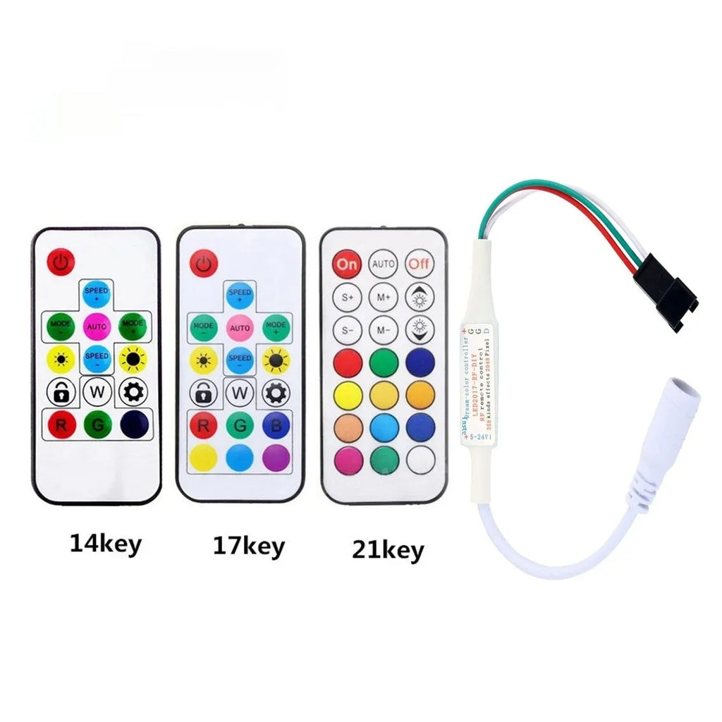 Magic Color LED light controller with 5-24V rating, plastic body, and choice of USB or DC plug and 14, 17 or 21 key remote