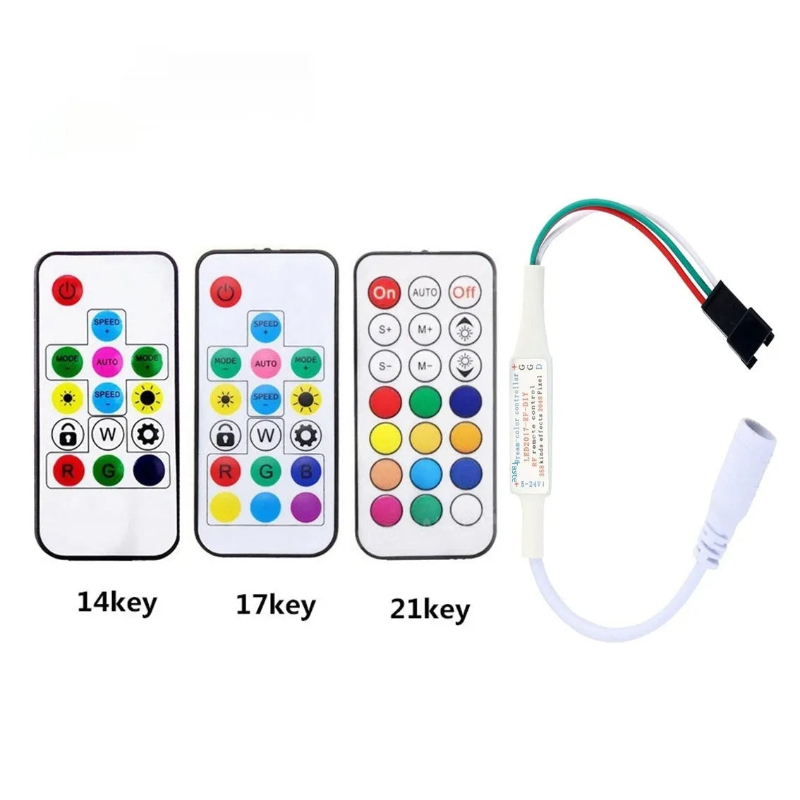 Magic Color LED light controller with 5-24V rating, plastic body, and choice of USB or DC plug and 14, 17 or 21 key remote