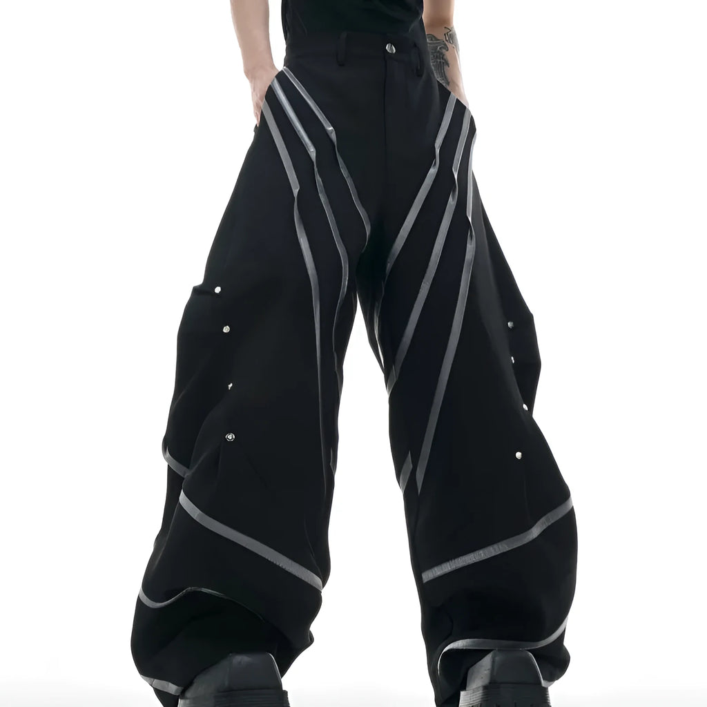 Men's trousers with three-dimensional cutting and metal striped rivet pleated detailing