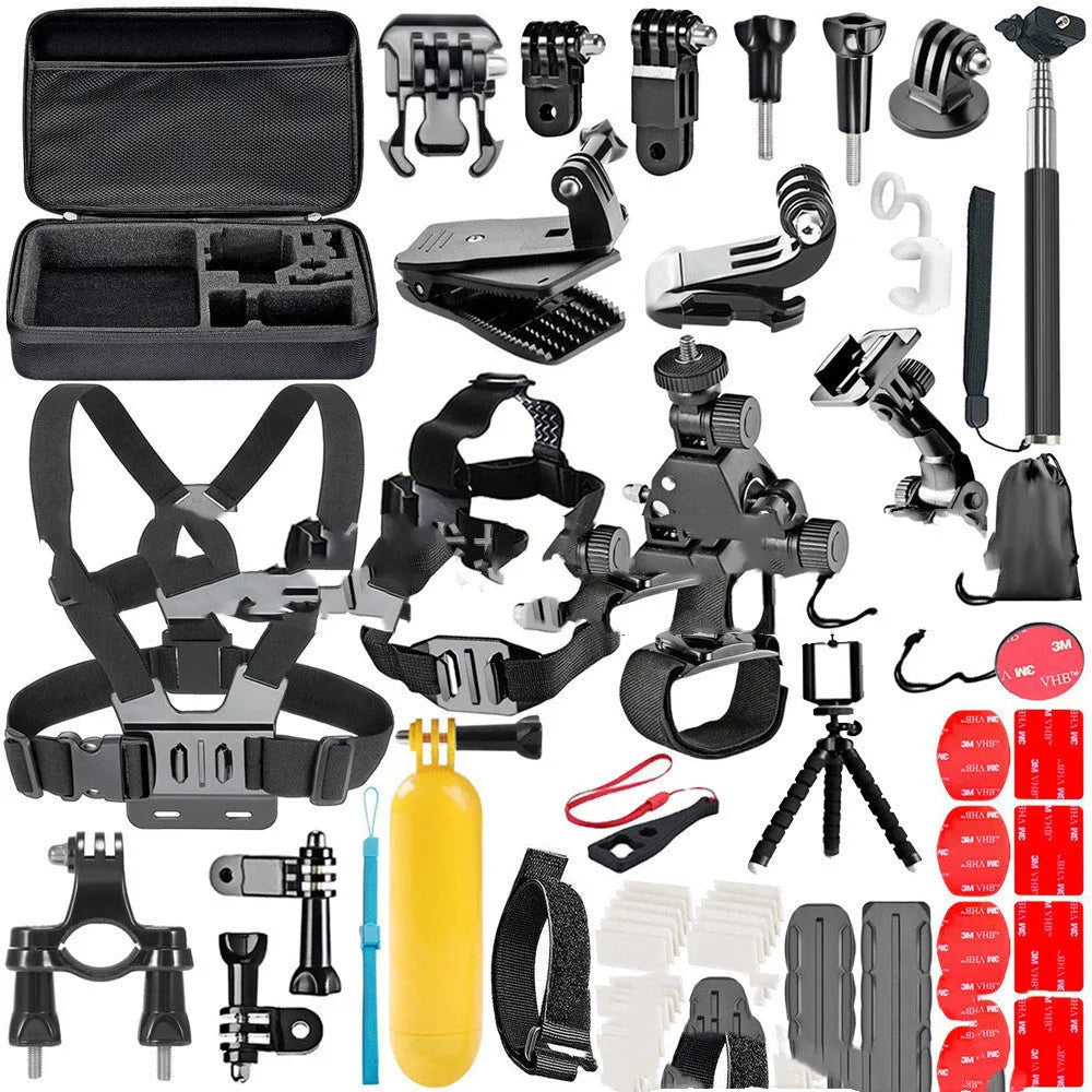 Black GoPro accessories set showing chest strap, helmet mount and tripod compatible with Hero cameras