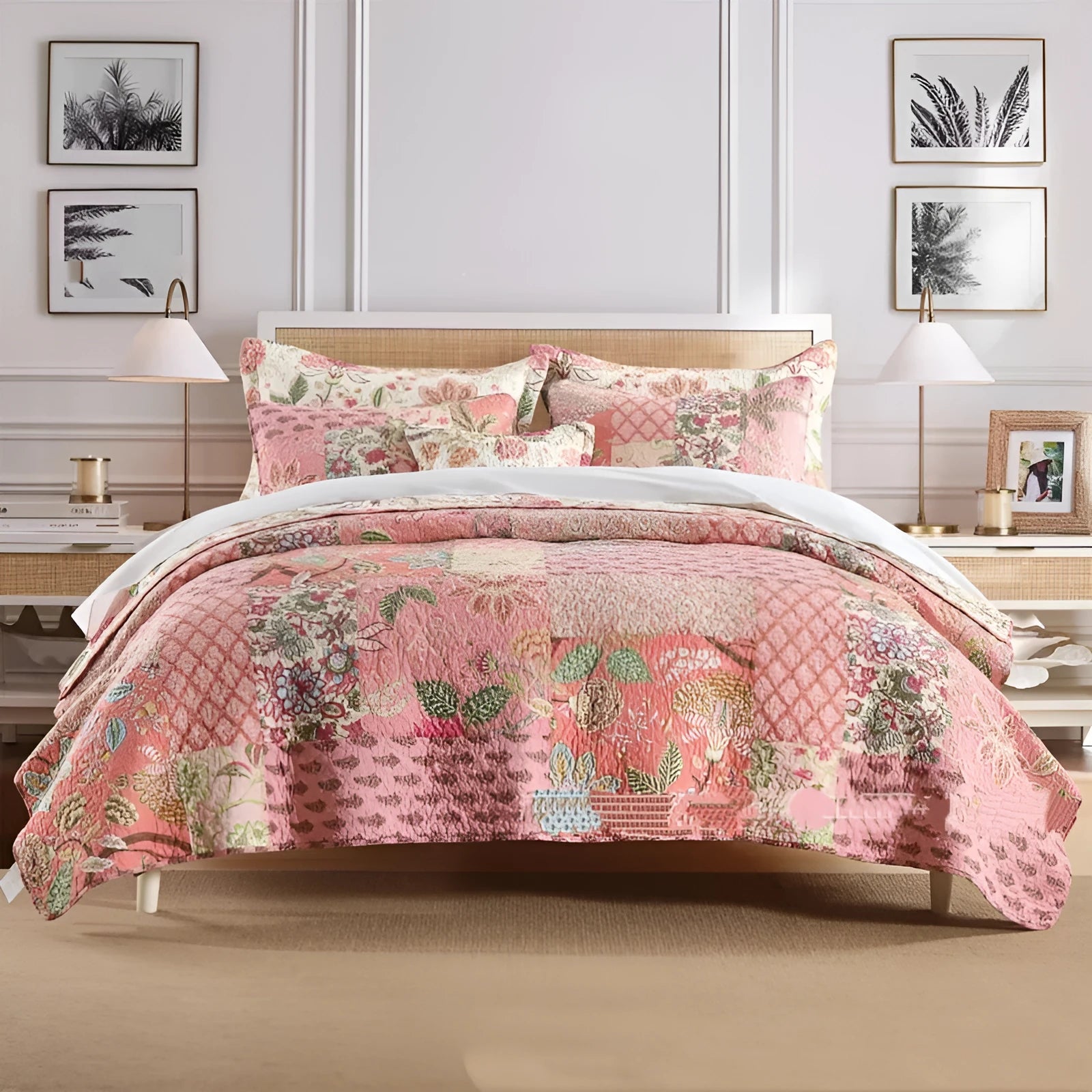 Pure cotton bedding set three-piece, retro floral pattern, pink, plain weave, 230x230cm for 2.0m bed