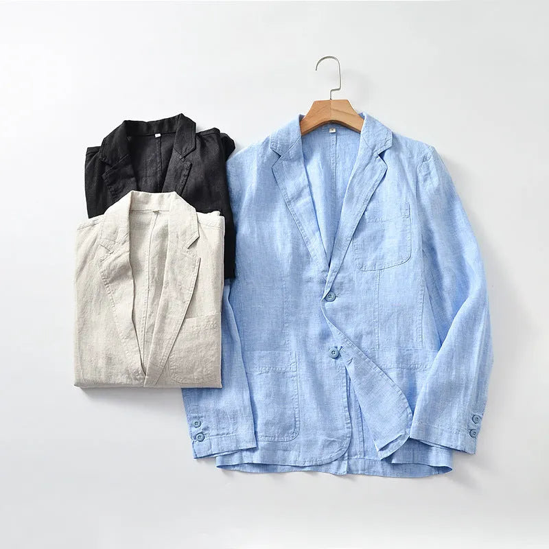 Men's thin linen suit coat in solid colour with stick pockets, available in multiple colours and sizes
