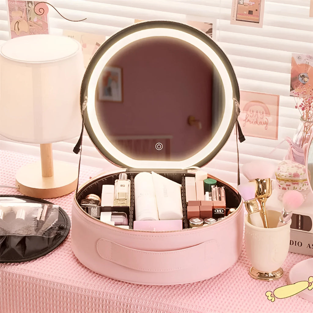 Round black PU leather makeup bag with open lid showing internal LED mirror and cosmetic partitions.
