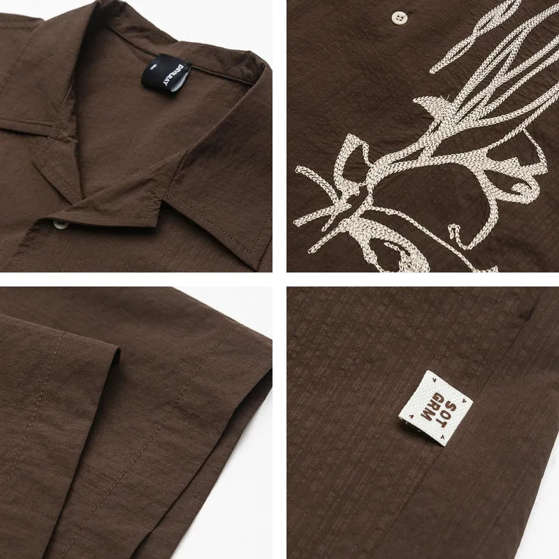 Men's brown striped quick-drying outdoor shirt with Cuban collar for hiking and camping