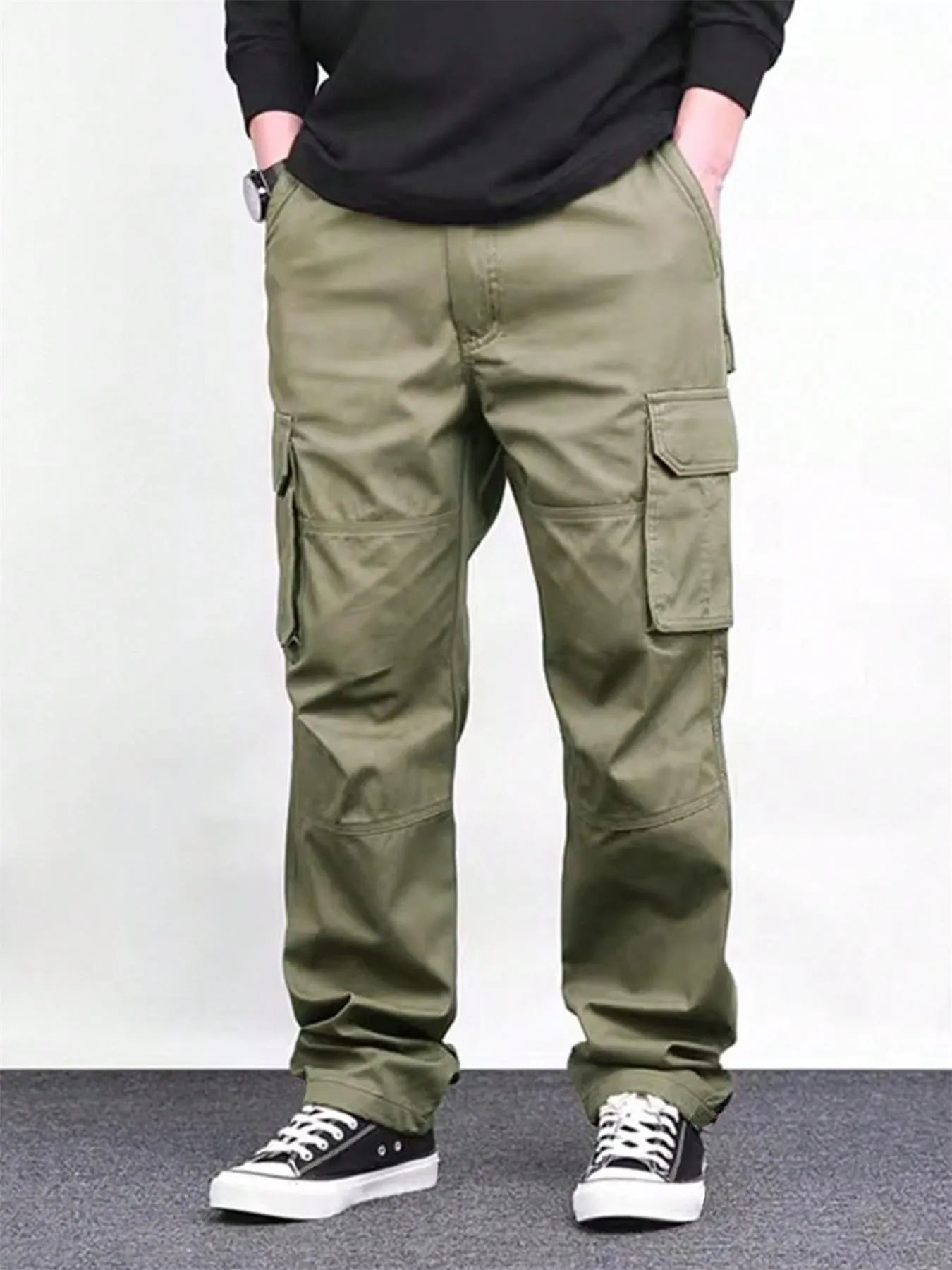Women's high waist drawstring straight trousers in bamboo fibre blend, khaki colour, full-length view