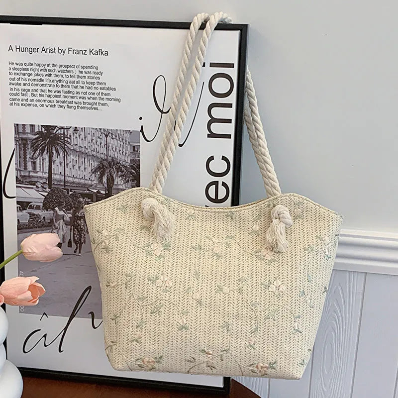 Large capacity PU handbag with flap closure in white and khaki, sewing line detail