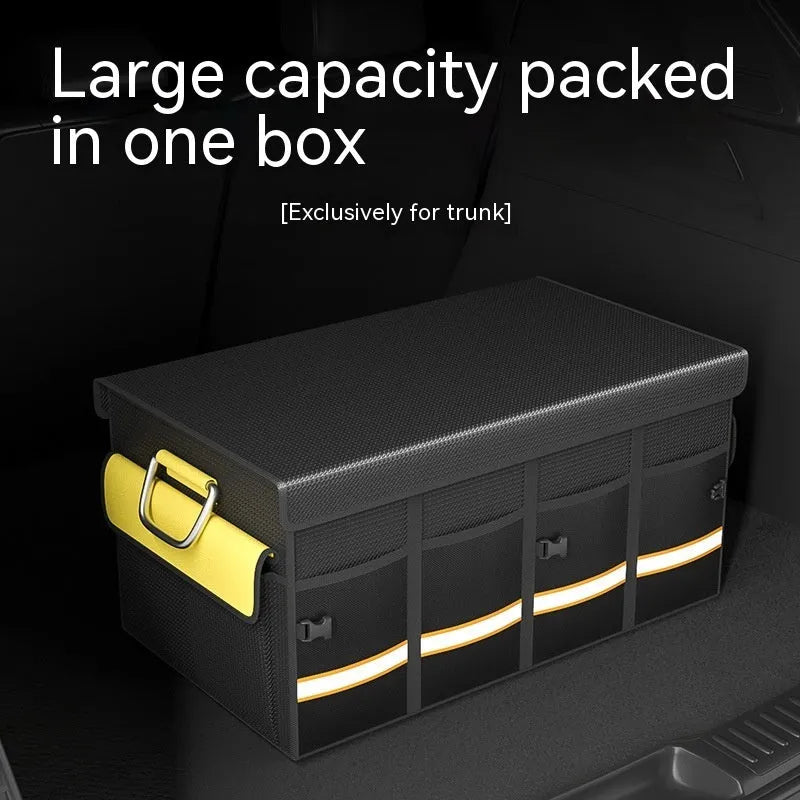 Foldable car boot storage organiser bag in black and yellow waterproof fabric with handle
