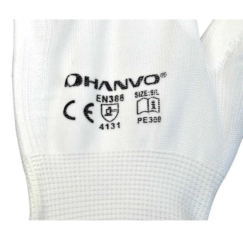 White PU coated work gloves with breathable cotton backing, shown in sizes L and M.