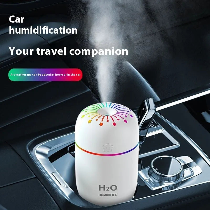 Compact white USB humidifier with 300ml water tank on office desk next to laptop