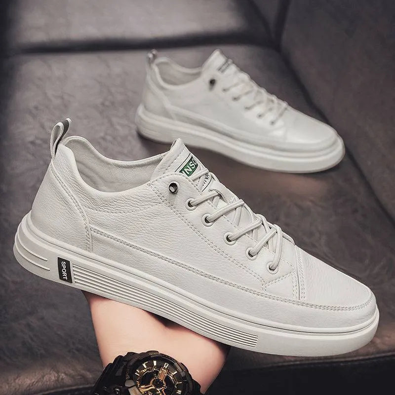 Men's casual white PU shoes with flat sole and round toe in beige, white, black colours