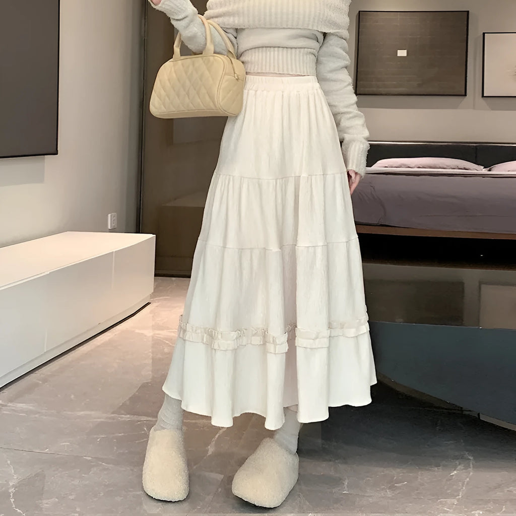 Corduroy A-line midi skirt with elastic waistband in solid colour options for urban styling