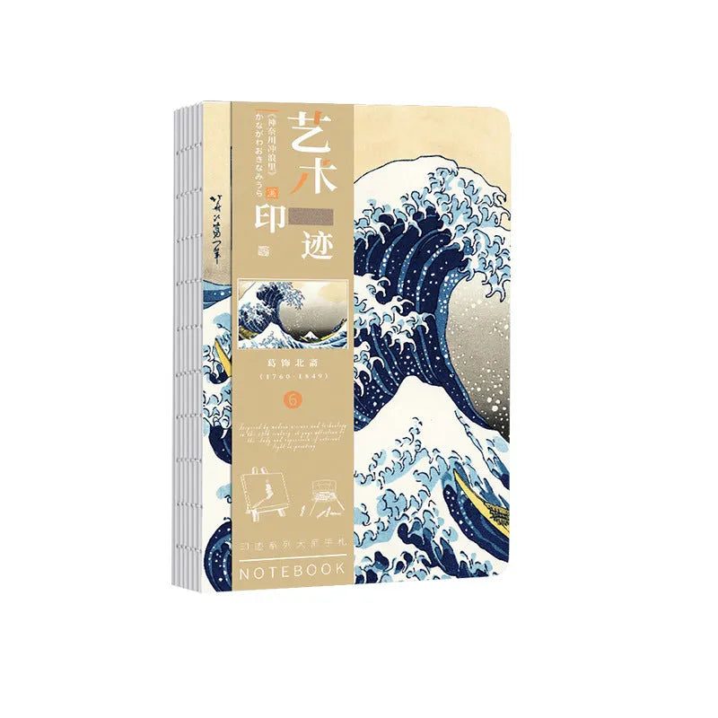 Ukiyo-e series hand ledger notebook open showing retro Japanese wave print cover and lined Daolin paper pages.