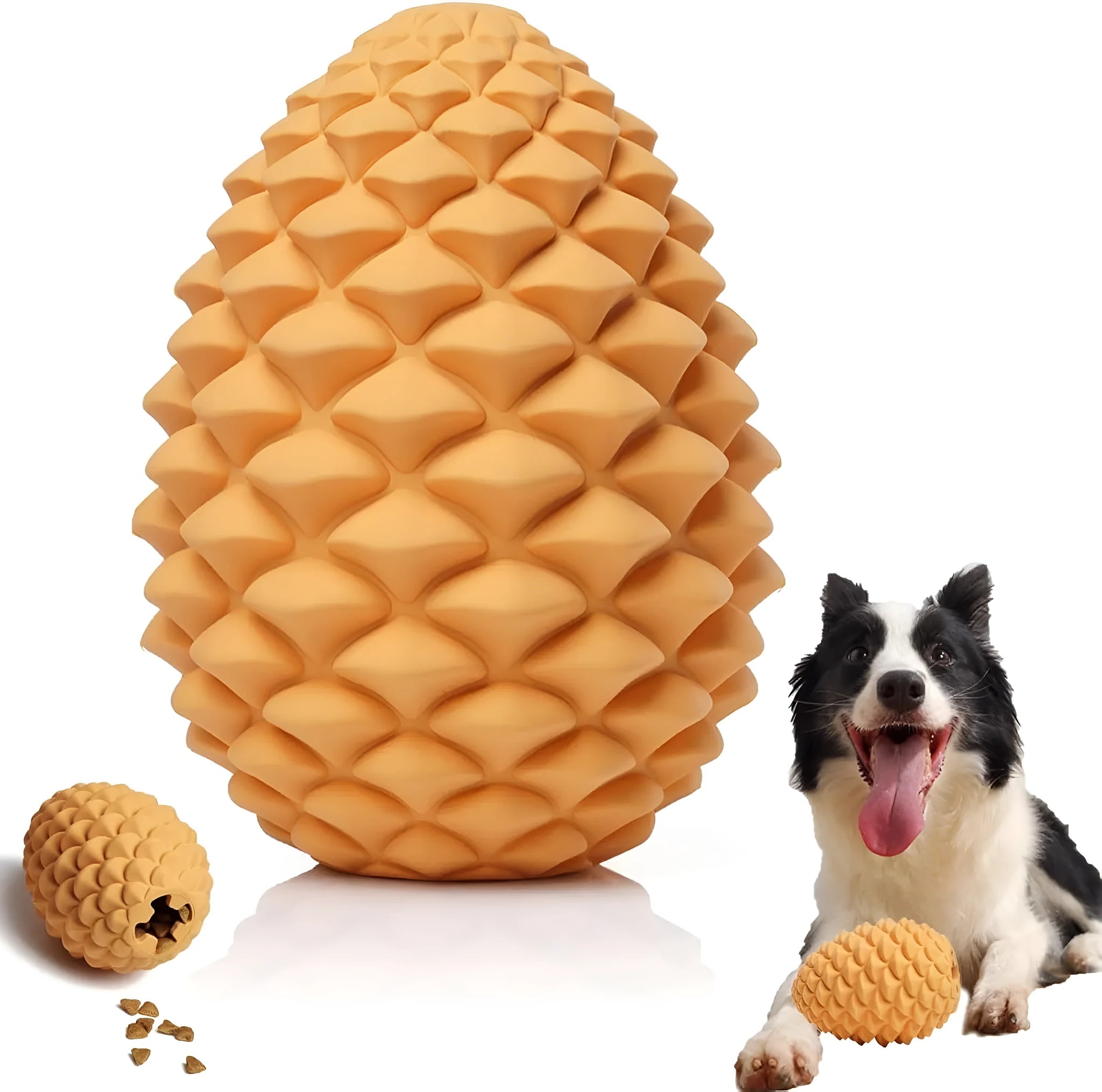 Yellow pine cone shaped heavy duty dog chew toy with treat dispenser for large breeds