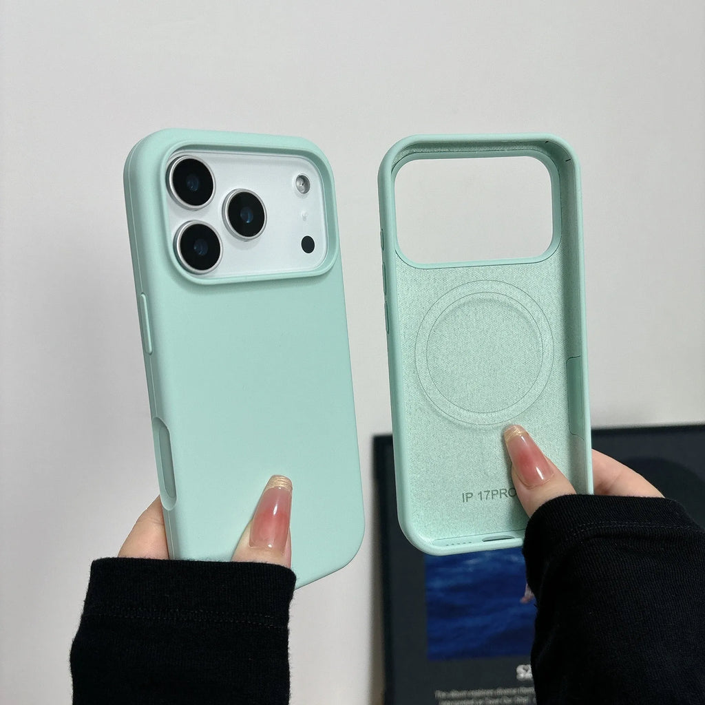 Liquid silicone magnetic charging case with AI button for Apple iPhone, shown in antique white colour