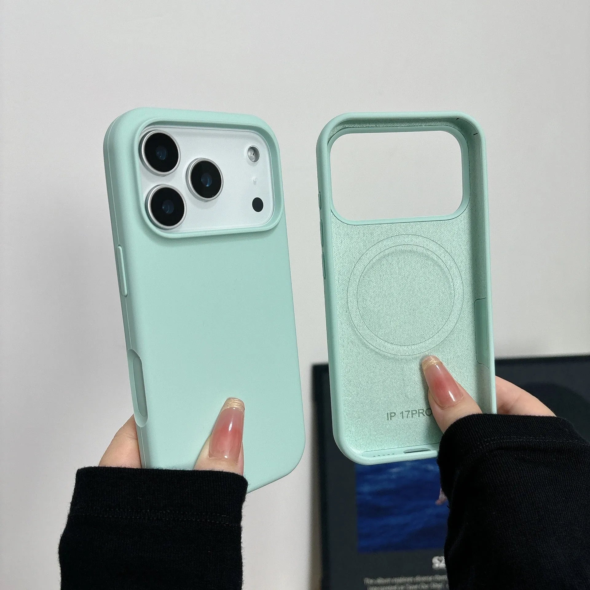 Liquid silicone magnetic charging case with AI button for Apple iPhone, shown in antique white colour