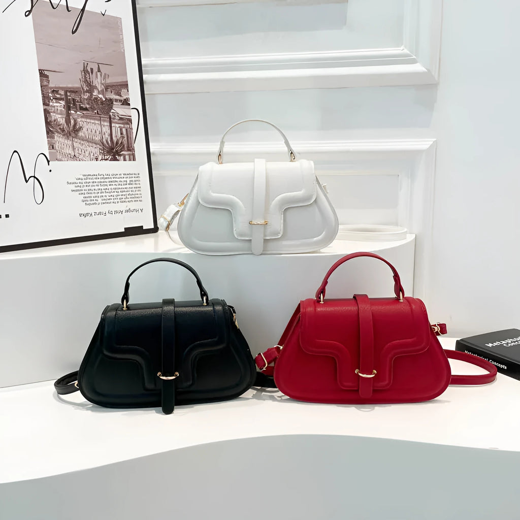 Simple PU shoulder bag in black, white or red with single strap and horizontal square shape.