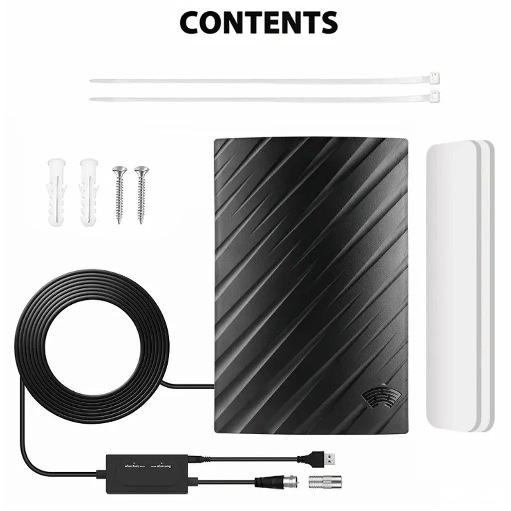 Black plastic digital television antenna with dimensions 18x16x7cm and mounting accessories