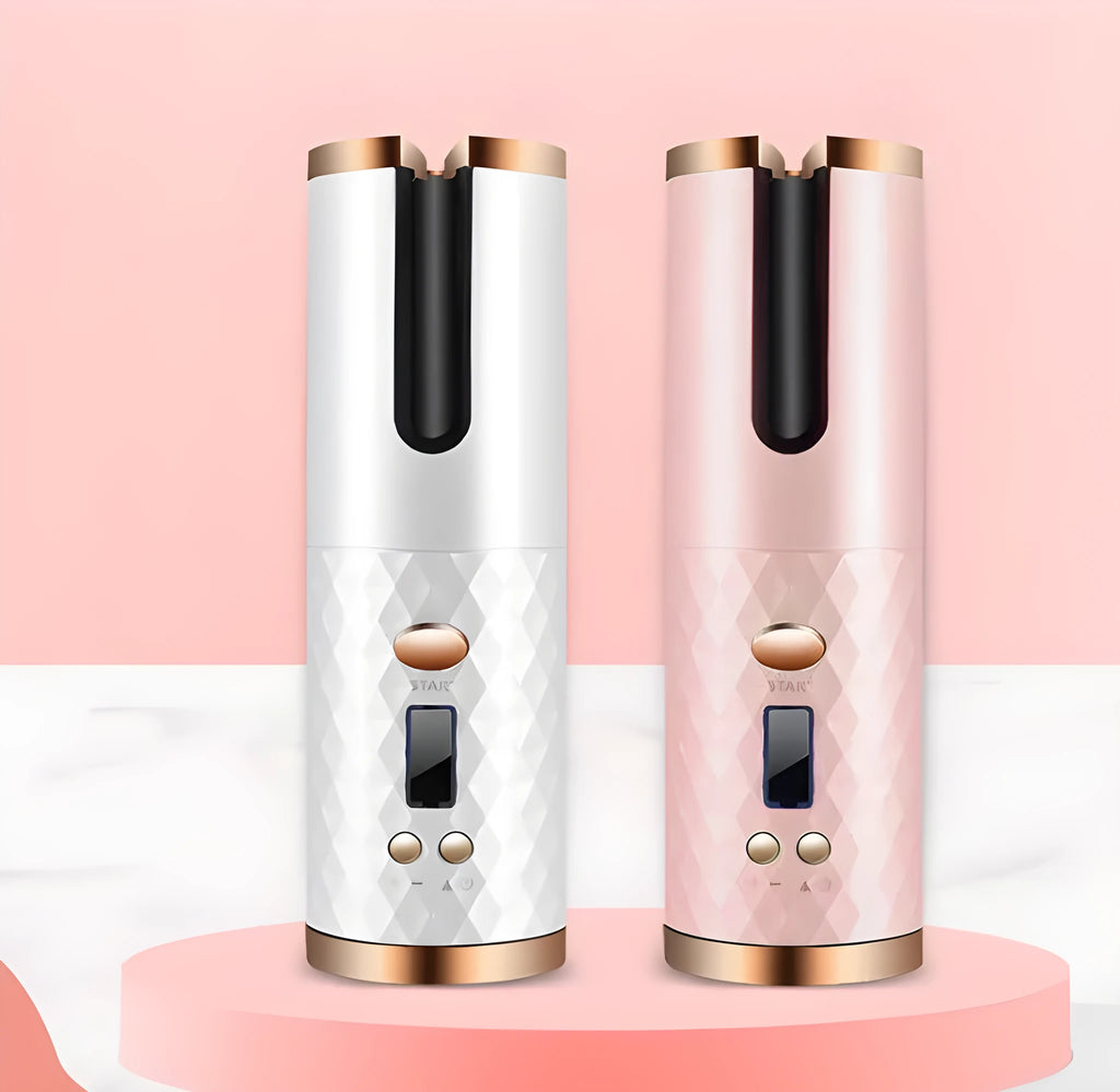 A white portable curling iron with a USB charging port and a gold ceramic barrel on a stand.