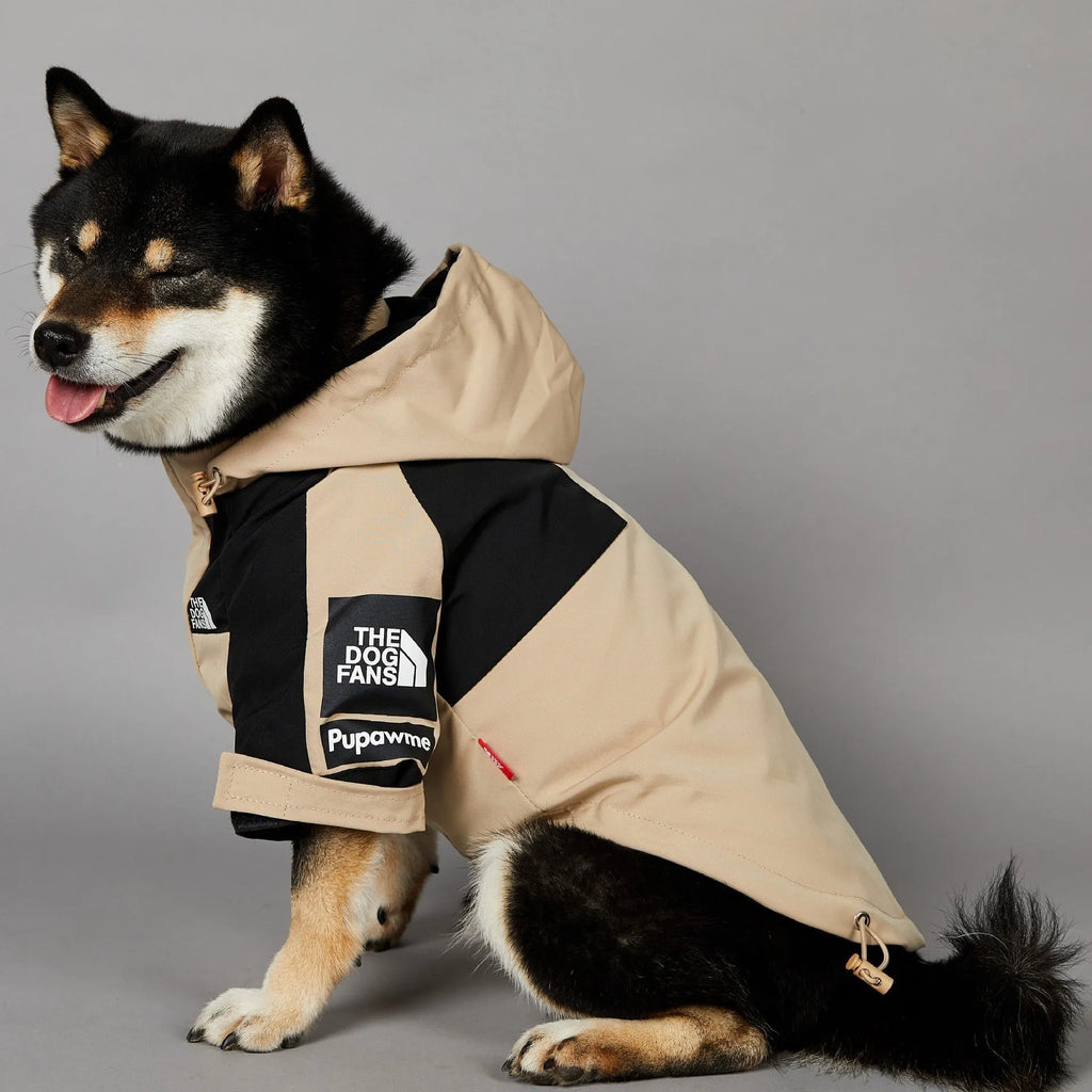 Khaki coloured polyester shell jacket for dogs showing lightweight construction